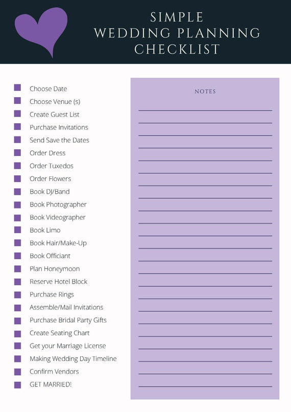 Black And Purple Heart Simple Wedding Planning Checklist Etsy