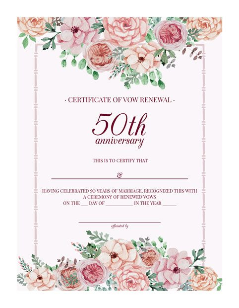 Free Printable Vintage Floral 50th Anniversary Vow Renewal Certificate Free Printable Vintage Floral 50th Anniversary Vow Renewal Certificate
