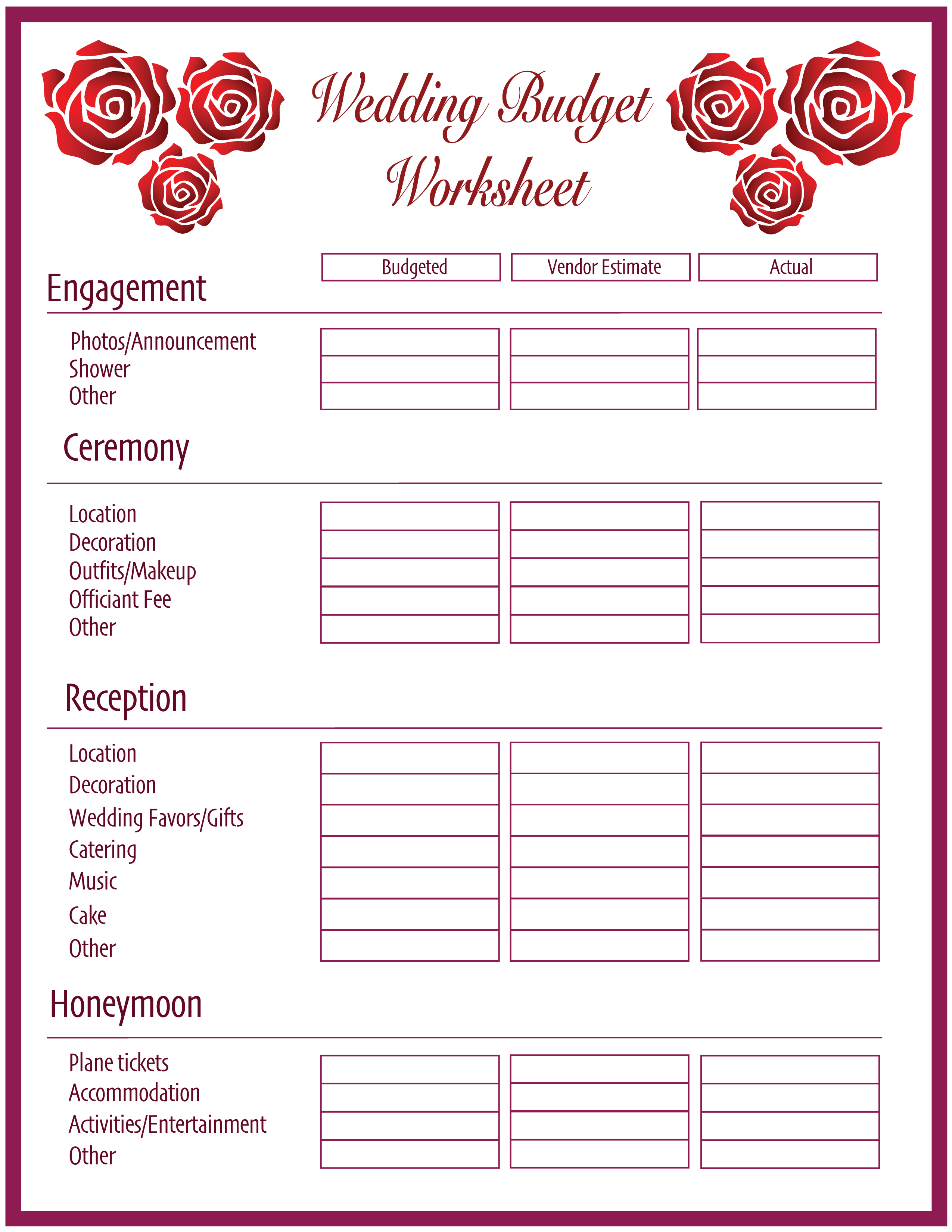 Wedding Budget Planner Free Printable