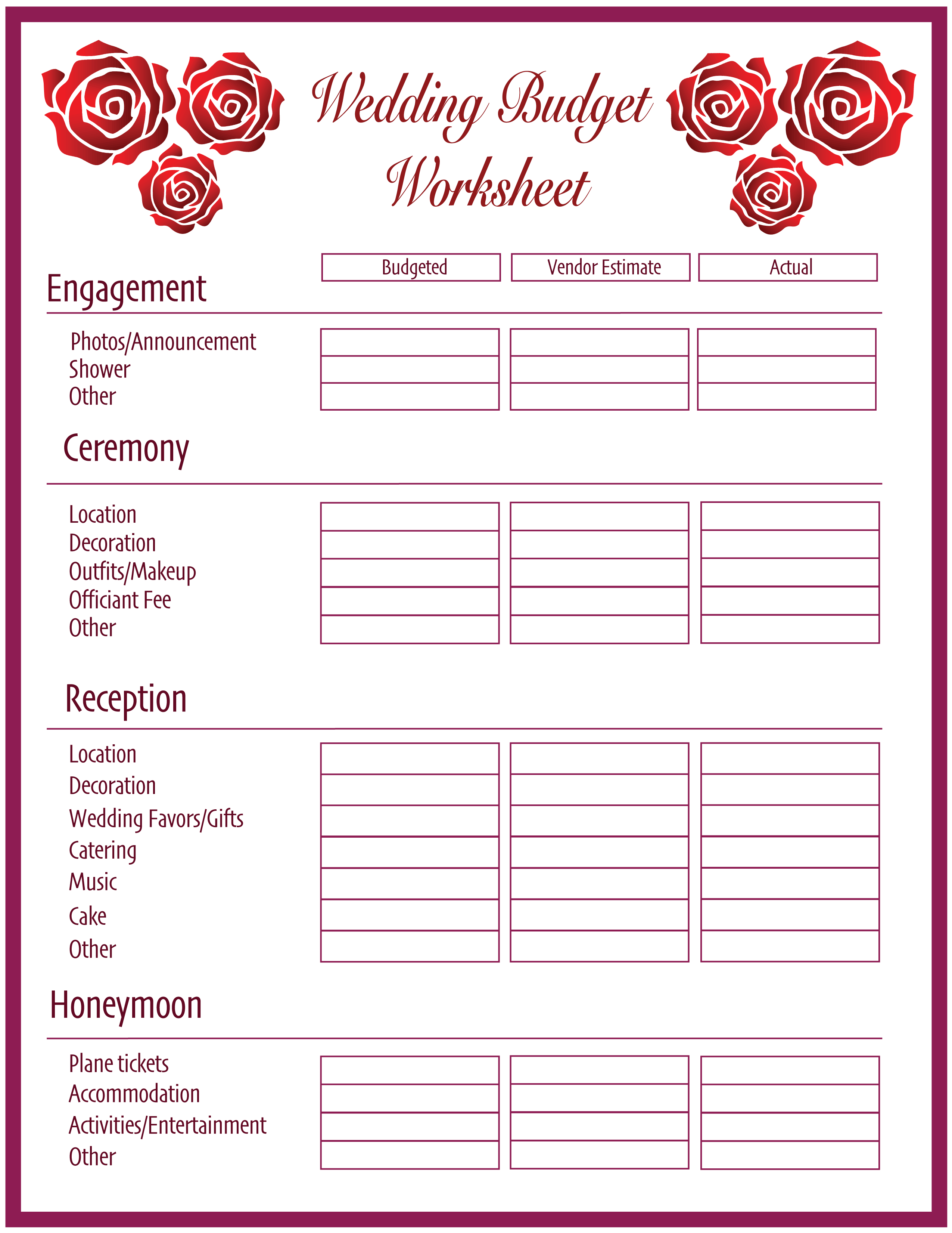 Wedding Budget Worksheet Printable Printable Wedding
