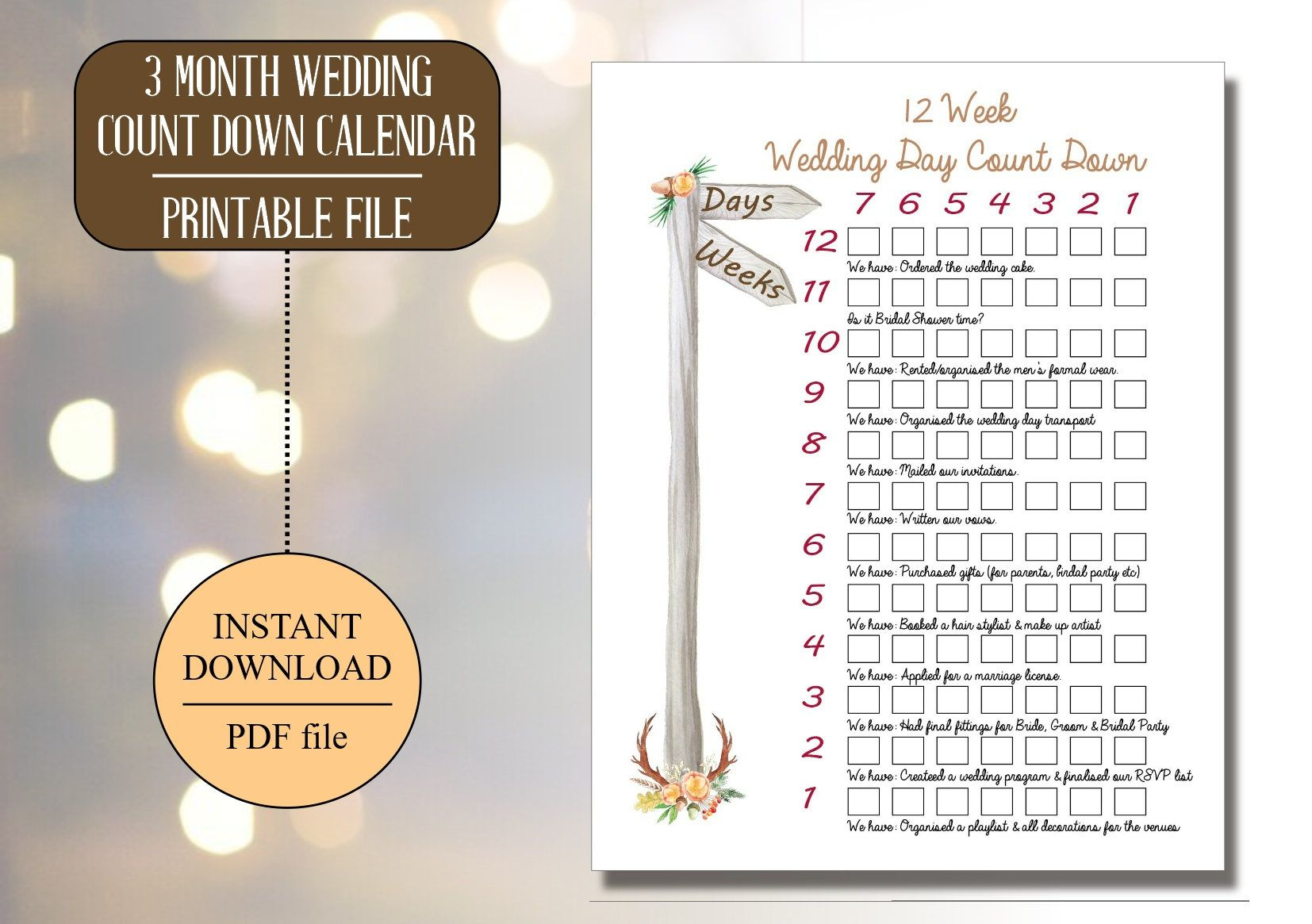 Rustic Wedding Calendar Printable Wedding Calendar Wedding