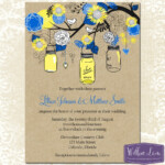 Sunflower Mason Jar Wedding Invitation Royal Blue Yellow Kraft Paper