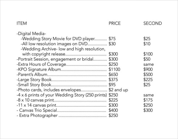 17 Wedding Price List Samples Sample Templates