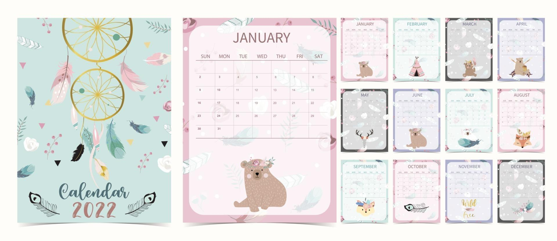 Cute 2022 Table Calendar Week Start On Sunday With Bear Cub That Use Cute 2022 Table Calendar Week Start On Sunday With Bear Cub That Use