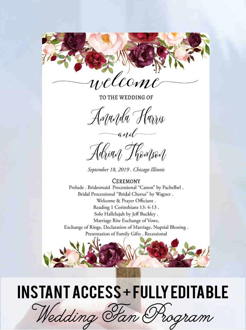 Fall Flowers Wedding Fan Program Boho Fan Program Template Download