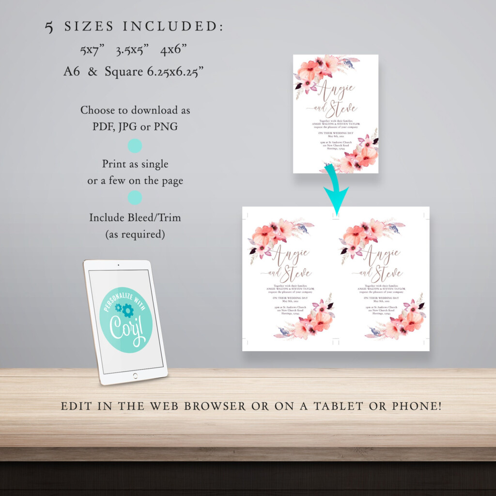 Floral Wedding Invitation Template Printable Invitation With Flowers 