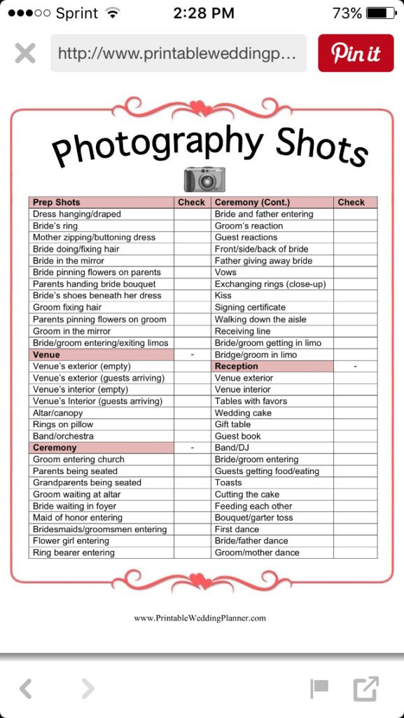 Photo Checklist Wedding Photography List Wedding Photography 