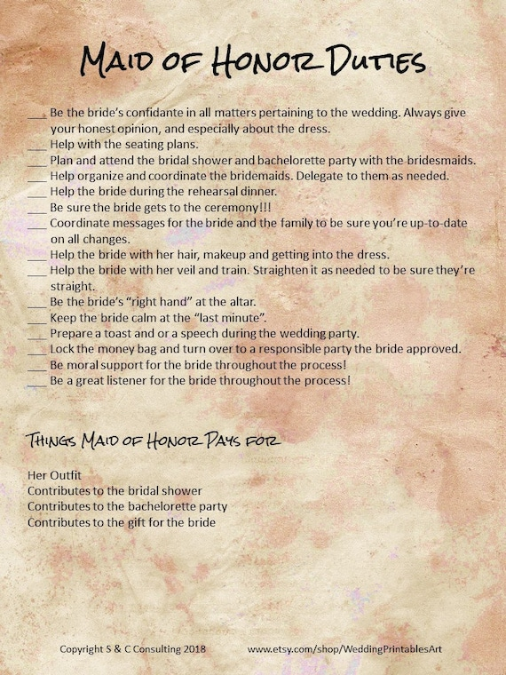 Printable Wedding Planning DIY Maid Of Honor Duties Etsy
