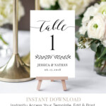 Wedding Table Number Card Printable Rustic Reception Seating Template